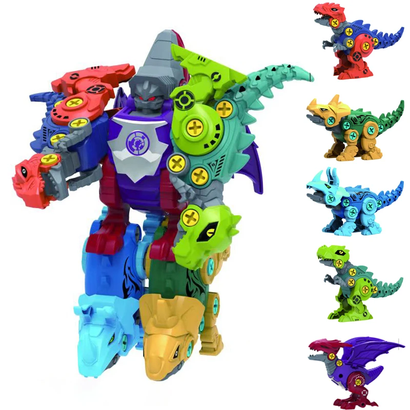 5 IN 1 Children Assembly Dinosaur Transformation Dino Robot Constructor Screw DIY Set Blocks Disassembly Screwdriver  Model Toys