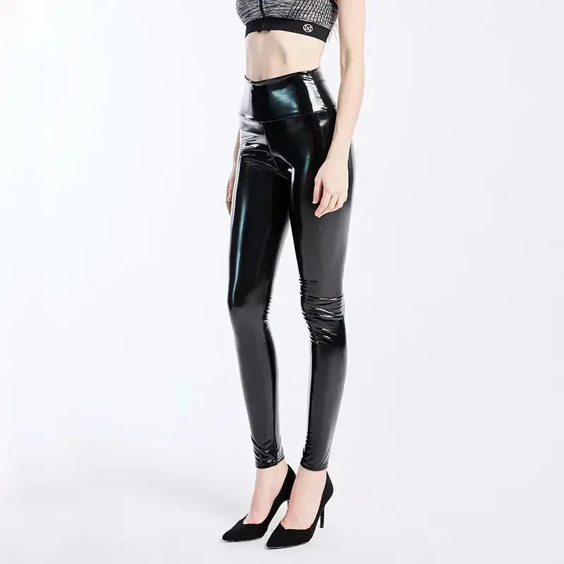 Women Sexy Shiny PU Leather Leggings with Back Zipper Club Party Thick/Black/Push Up/High Waist Reflective Mirror Leather Pants