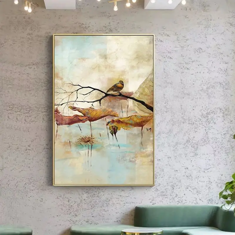 الصينية جدار الصورة اليابانية قماش اللوحة الأزرق جبل الأصفر الطيور الملصقات يطبع الفن الجدار التقليدي لديكور غرفة المعيشة #5