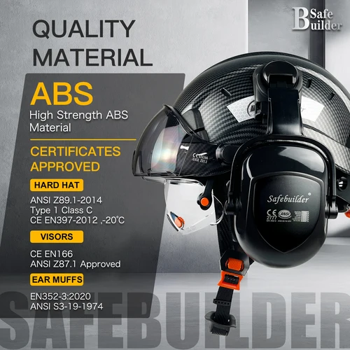 Imagen 2 del producto Casco de seguridad con gafas, orejeras que funcionan en altura, cascos duros Abs para construcción industrial, protección completa para la cabeza, aprobado por Z89.1