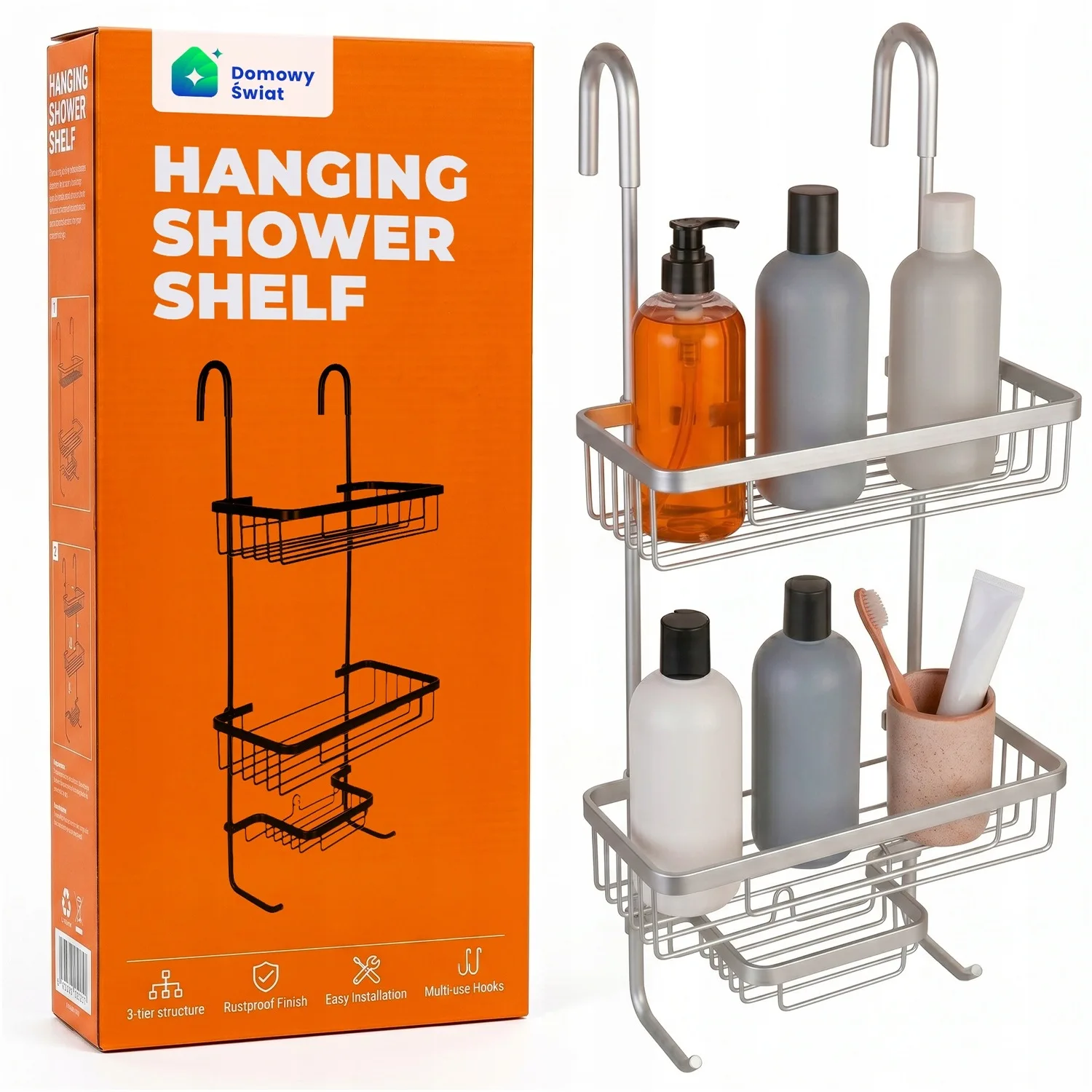 Roestvrijstalen hangende doucheplank Badkamerorganizer Wandmontage Roestvrij Waterbestendig Hoekplank voor shampoo, zeep, toiletartikelen Geen boren Eenvoudig te installeren Modern ontwerp