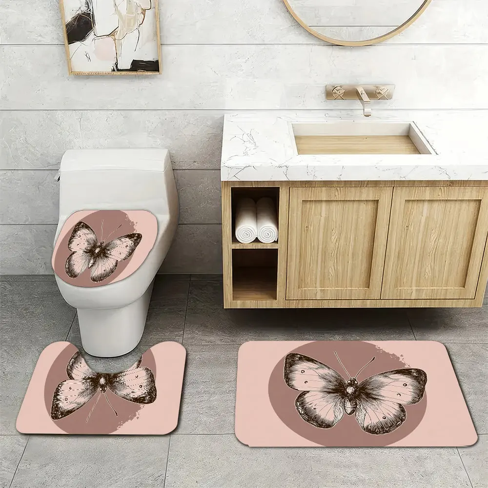 Butterfly Bathroom Mat Set 3 Pieces Cute Insect Design for Modern Bathroom Decor Toilet Rug Vanity Mat