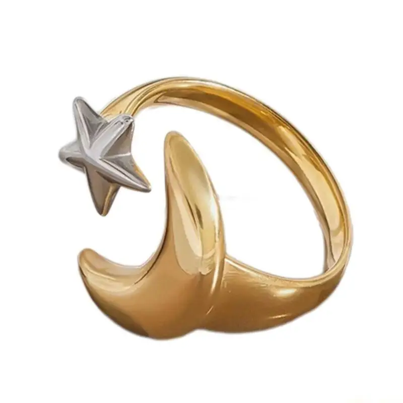 31BF Elegant Stainless Steel Moon And Star Ring Symbolizing Romance Perfect For Expressing Love Or