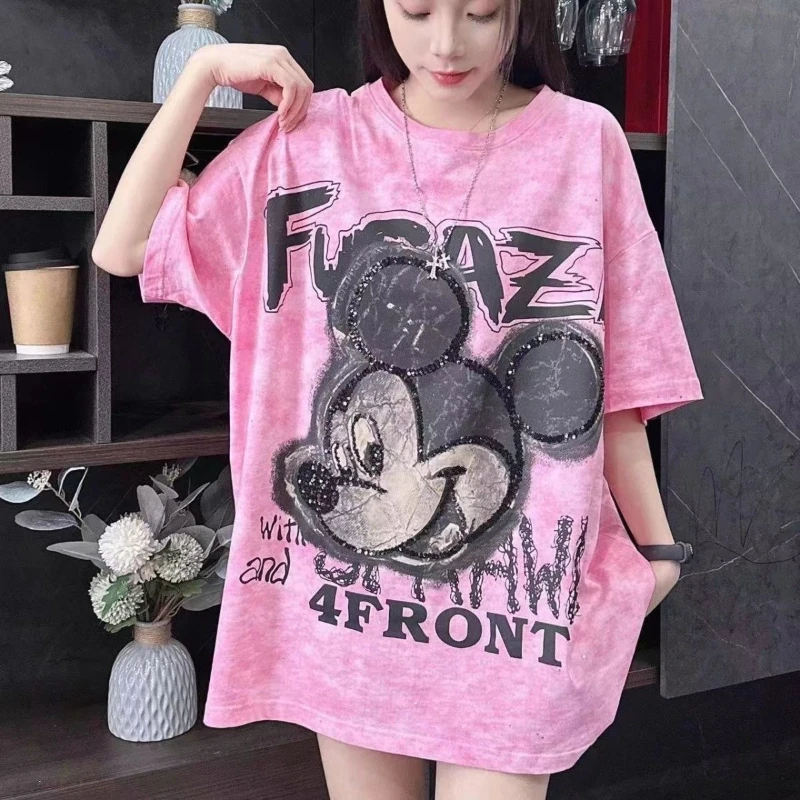 

Super Plus Size Women's Summer Cute Cartoon Mickey Print T-Shirts, Loose Casual All-Match Commute Crew Neck Comfortable Tops