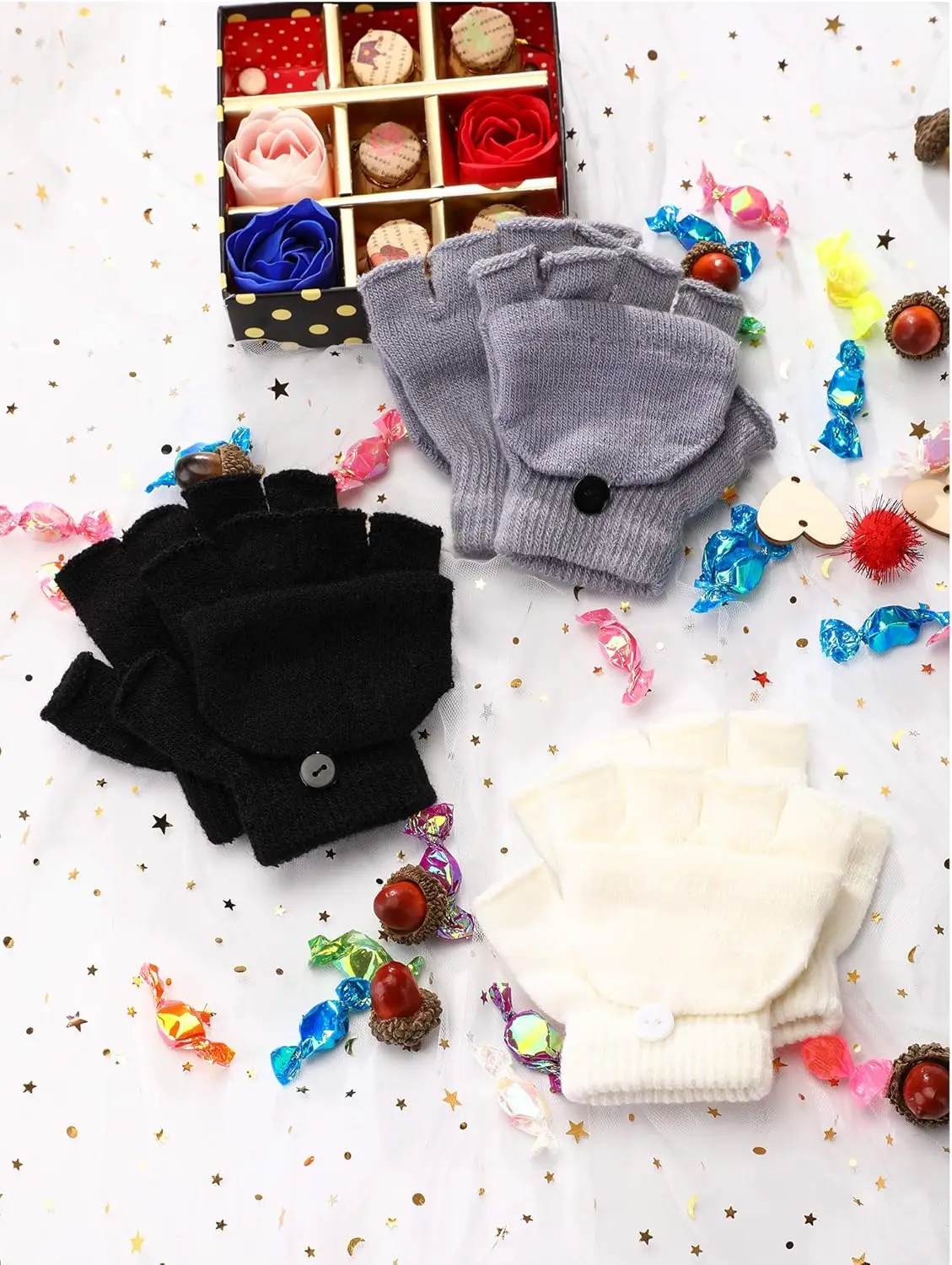 Kids Convertible Mittens Set Soft Knit Fingerless Gloves Flip Top Design Cozy Childrens Handwear Winter Boys Girls Outdoor