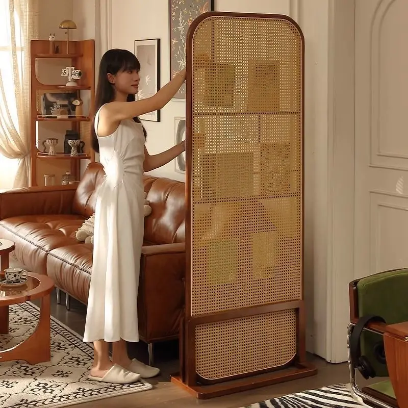 Chinese retro magazine rack, partition screen, sofa side, living room entry shelter, facing the door and porch, movable rattan w