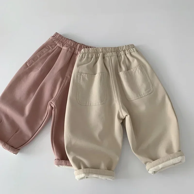 

2025 Warm Wide Leg Trousers New 1-6Y Junior Boys Girls Cotton Fleece Lined Pants Korean Children's Clothes Autumn Winter Bottoms