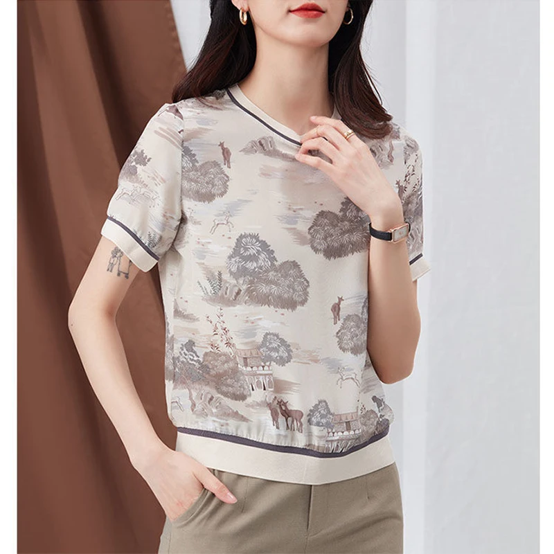 

Summer New Round Neck Printing Trend Fashion T-shirt Ladies Short Sleeve Loose Casual Pullover Top Women Vintage All-match Tee