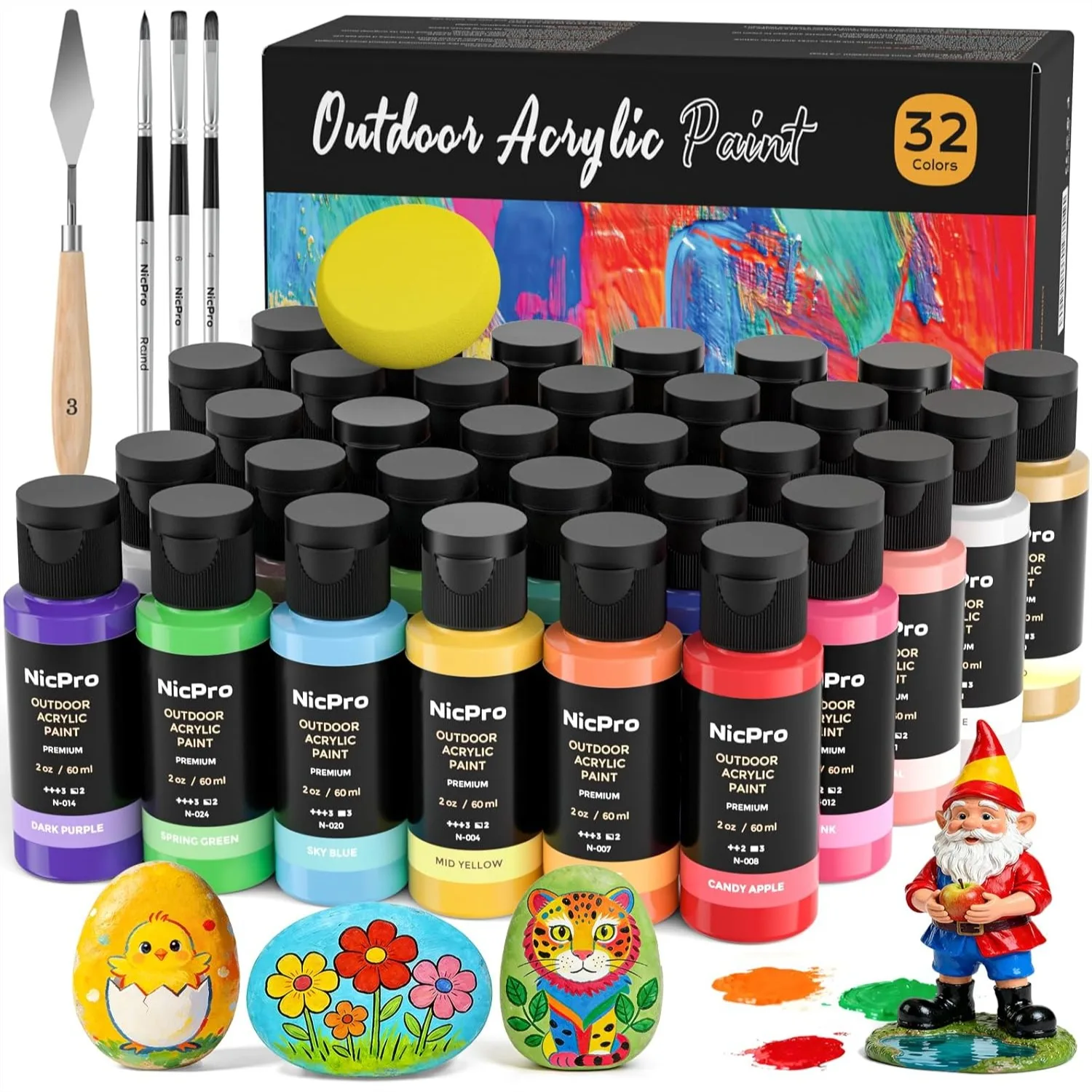 

32 Colors Outdoor Acrylic Paint Set with Brushes, Sponge & Knife for Rock, Wood, Fabric, Canvas & Wall Art