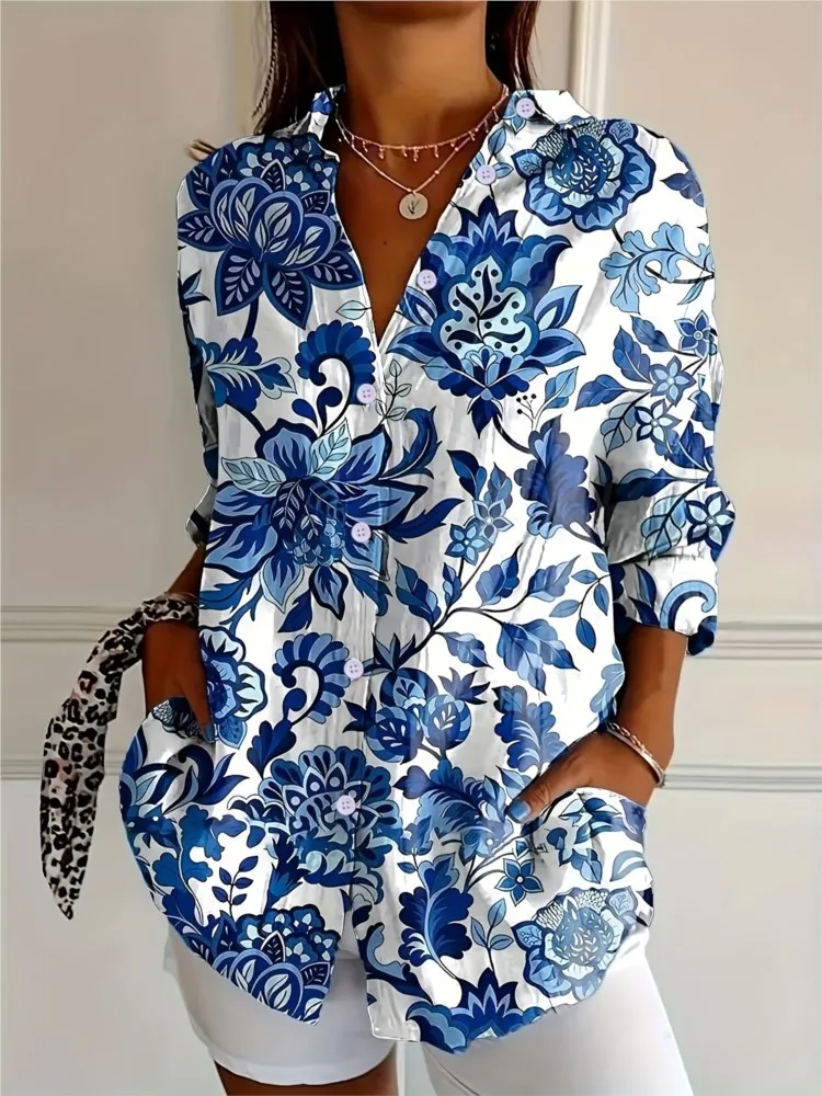 

Fashion Print Womens Tops And Blouses Spring Autumn Elegant Button Office Party Holiday Blouses Women Casual Long Sleeve Shirt
