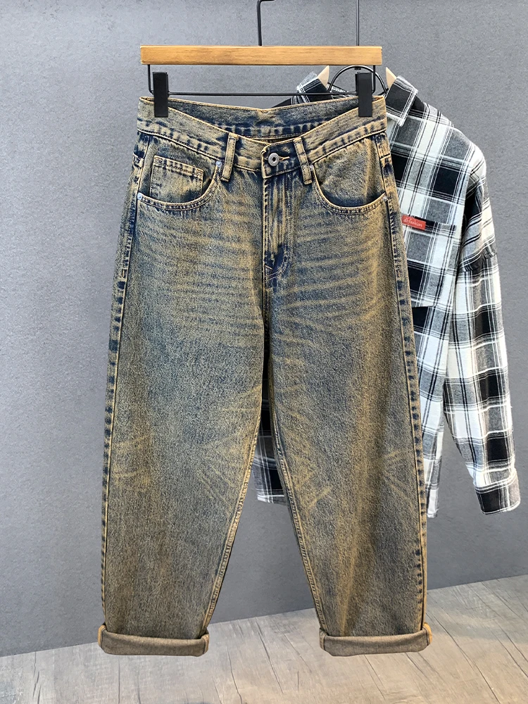 

Мужские свободные прямые джинсы American Sle Heavy Du с винтажной талией, повседневные длинные брюки, молодежный тренд, смесь хлопка и полиэстера