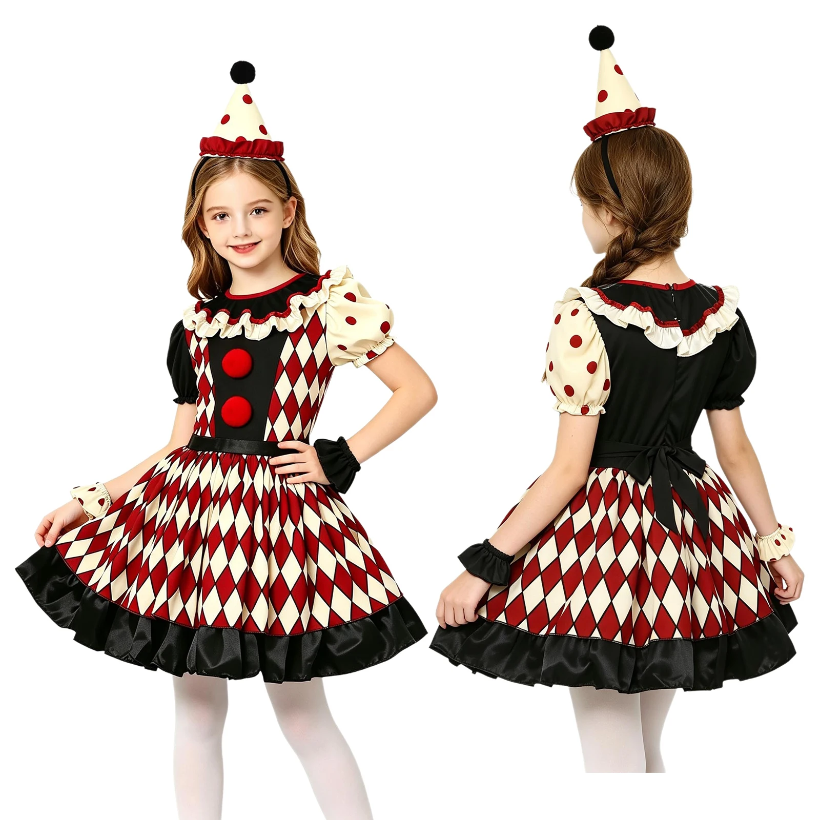 Mädchen-Halloween-Karnevalskostüm: Zirkusclown-Kleid mit Kurzen Ärmeln, Zweilagigem Design und Hut, Lustiges Narren-Verkleidungsoutfit für Rollenspiele und Aufführungen