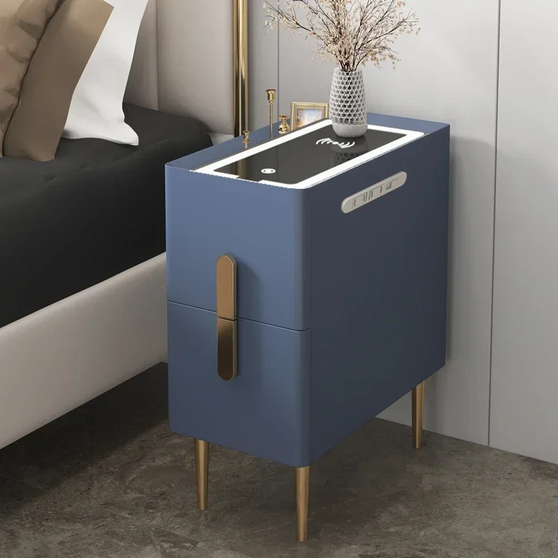 Nordic Style Bedroom Bedside Table Modern Mini Narrow Rock Surface Nightstand Self-Contained 2 Drawers Wooden Bedroom Tables