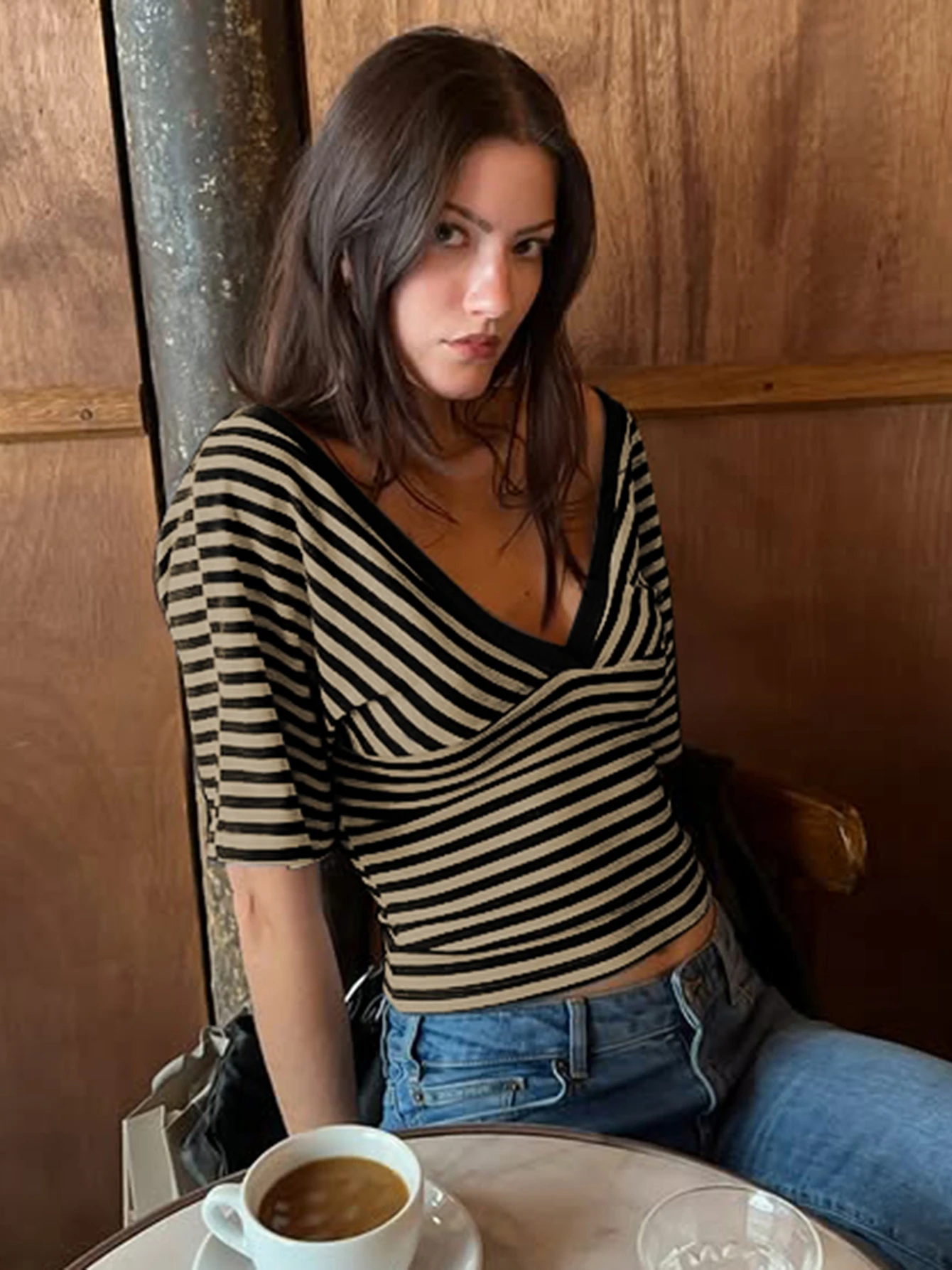 Dulzura Women'S Sexy V-Neck Short Sleeve Slim Striped T-Shirt Causal Versatile Y2K Top Party Vacation Street Style Summer Outfit