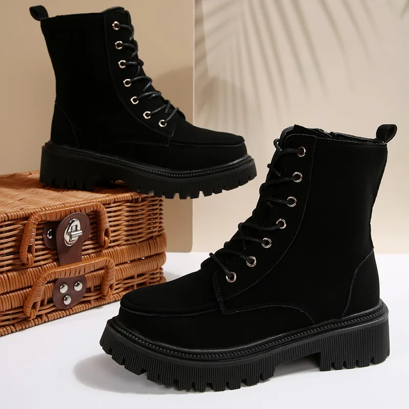 

Женские ботильоны на платформе на среднем каблуке, модная замшевая обувь на шнуровке, зима 2025, новые тенденции, удобная обувь, туфли-лодочки «Челси», ботинки Mujer