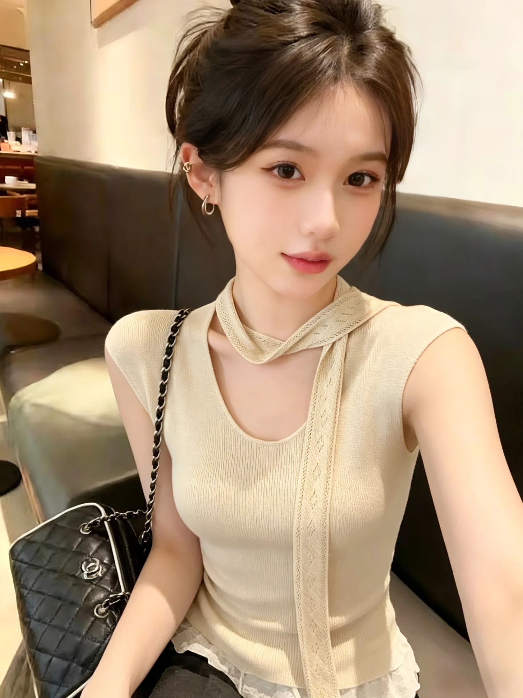 

Women's Knitted Fly Sleeve Sweater with Sash Gentle Unique Top Neck Hanging Silken Summer New Style Commute Korean Style Slim...