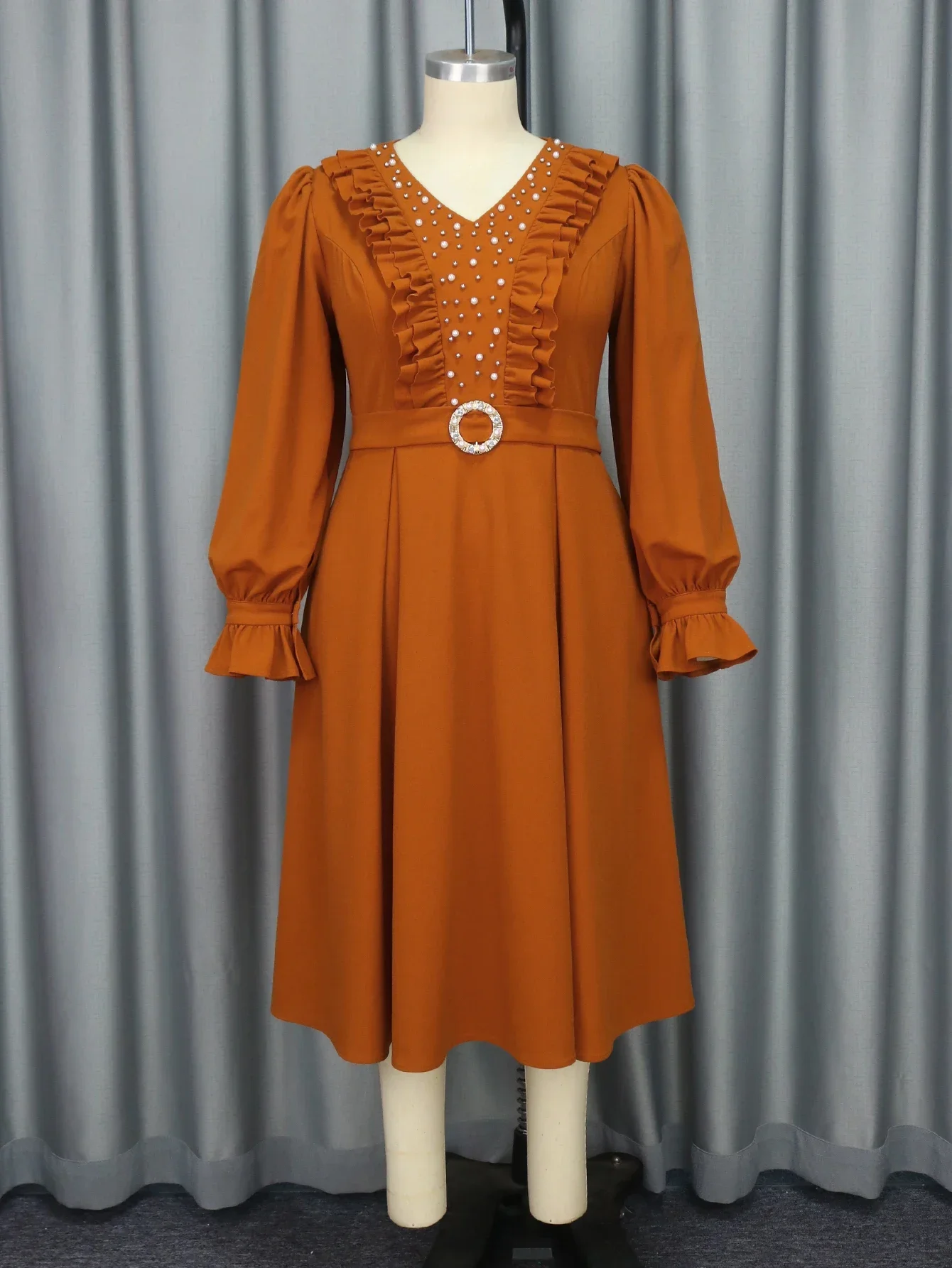 Robe Plissée Trapèze à Volants et Col en V pour Femme, Tenue Classique à Manches sulfLanternes, Taille Haute, Idéale pour Bureau, Église, Événement, Grande Taille, 2024