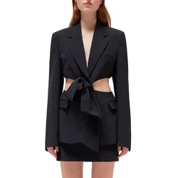 Early Spring 2023 New High-end High Street Style Hollowed Out Waist Strapping Small Suit Black Suit Top for Women