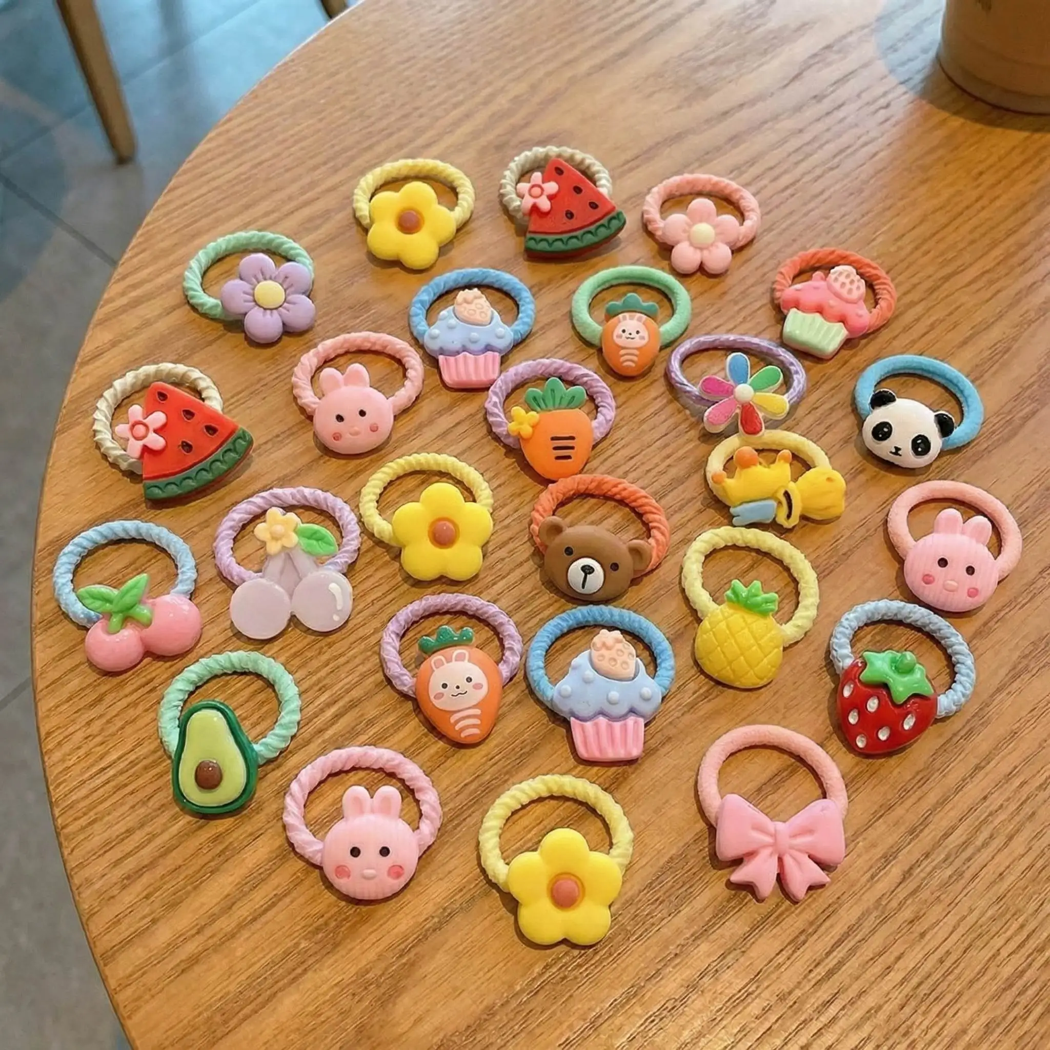 

30pcs Kids Threaded Hair Tie Set - Adorable Cartoon Resin Charms, High Elasticity Gentle on Hair, Ideal for Everyday Hairstyling