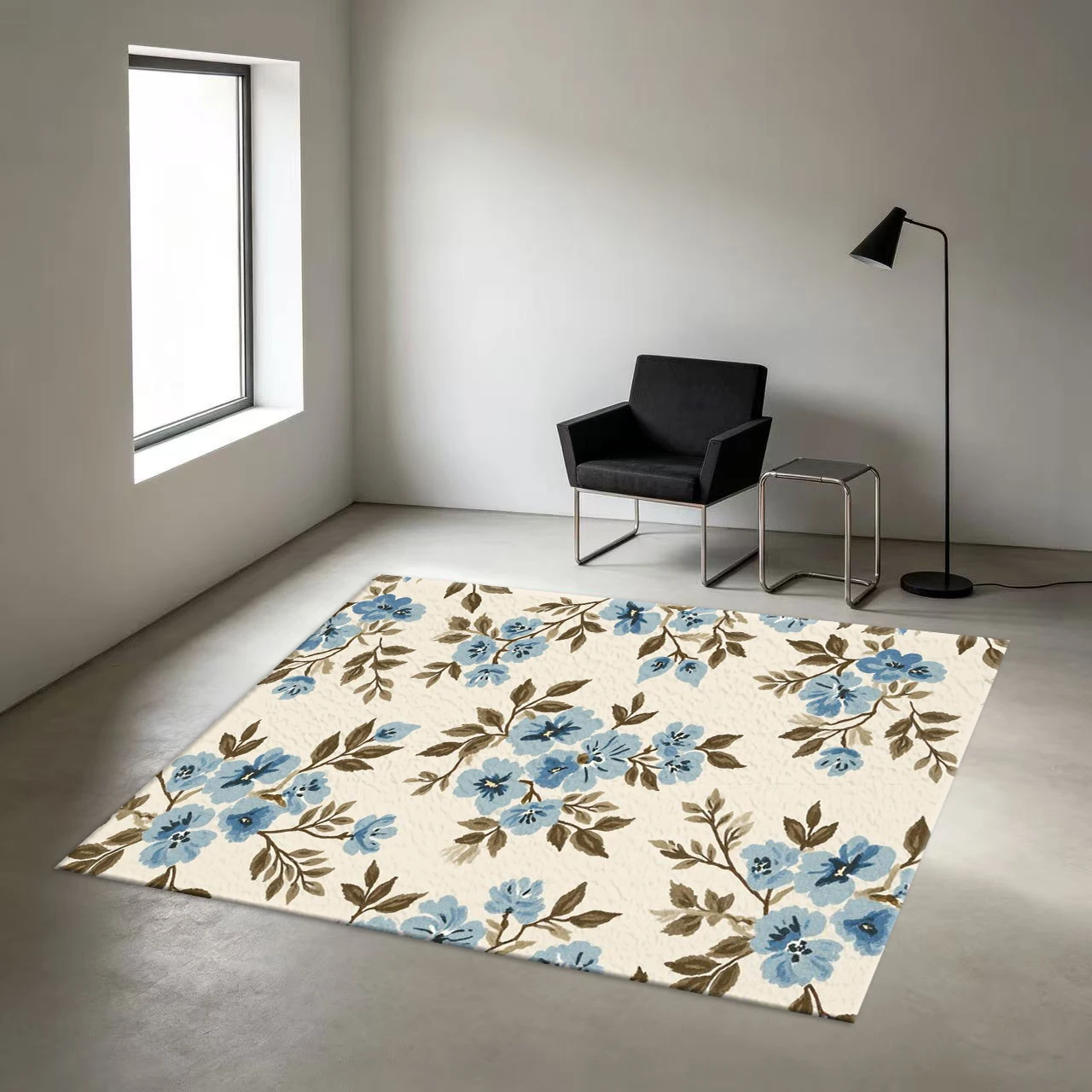 Vintage Blue Branches and Leaves Floral Carpet Farmhouse Style Home Carpet Decorative Floor Mat for Bedroom Living Room Home Decor
