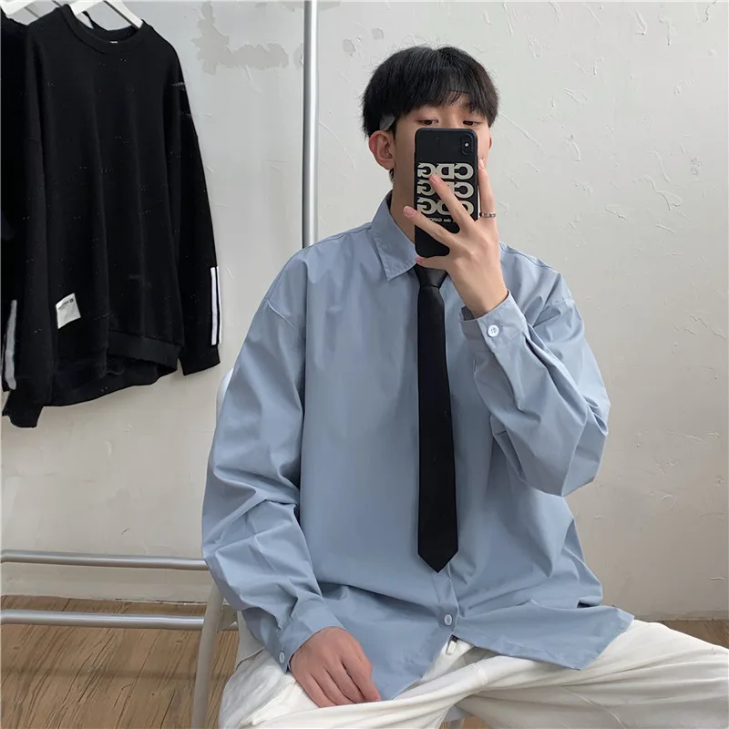 

Casual Loose Long Sve White irt Men's Faion Korean Sle Couple's College Winddk orm Casual irt Pure Color