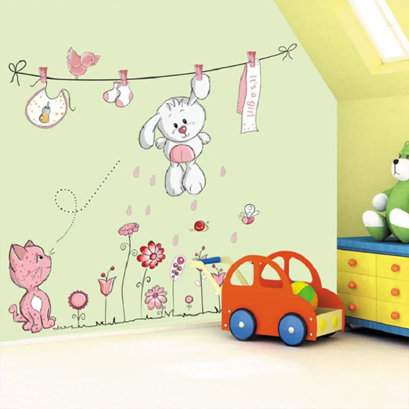 Pink cartoon cat rabbit flower wall sticker for kids rooms baby girls home decoration decal mural teddy bear umbrella