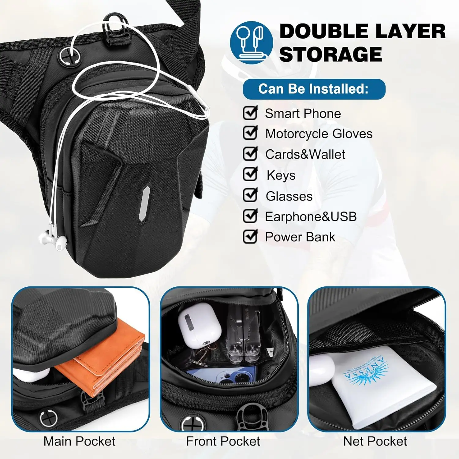 Motorcycle Hard Shell Leg Bag Waterproof Wear Resistant Multifunctional Storage Pouch Adjustable Crossbody Waist Bag for Men