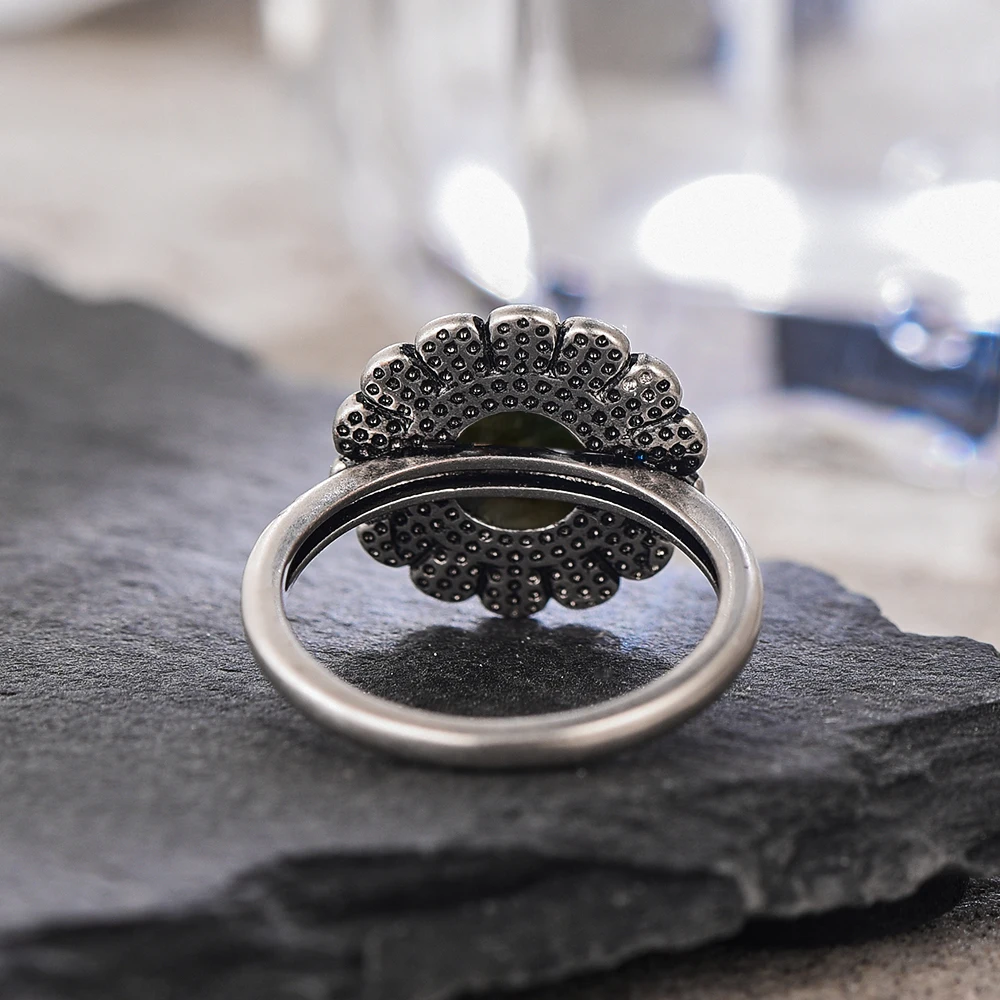 ヴィンテージ S925 スターリングシルバー フラワーリング 8MM ラブラドライト 天然石リング 大きなひまわり型 ファインジュエリー 女性用