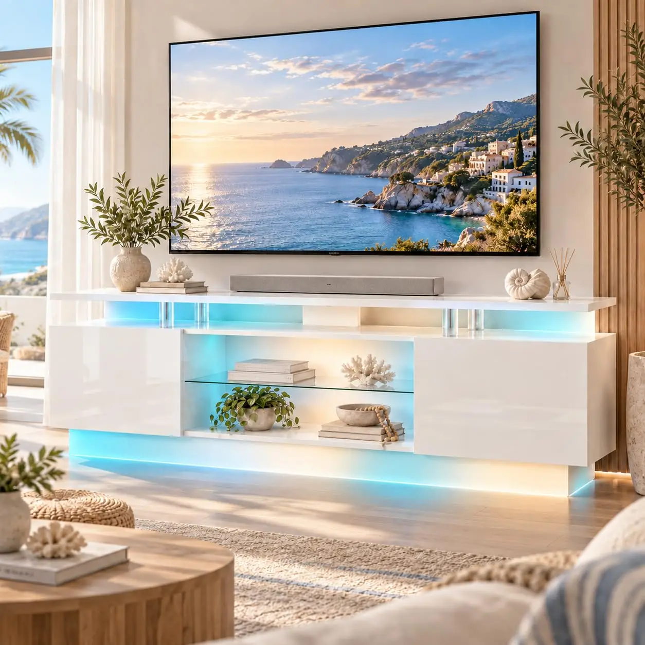 70 Inch TV Stand with RGB LED Lights, Modern White Entertainment Center with Acrylic Pillars, Glass Shelf, 2, Customized
