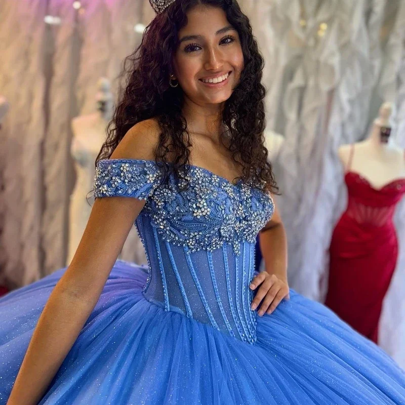 Sparkly Pretty Blue Princess Quinceanera Dresses Shinning Beaded Crystal vestidos de 15 quinceañera Women Sweet Coset