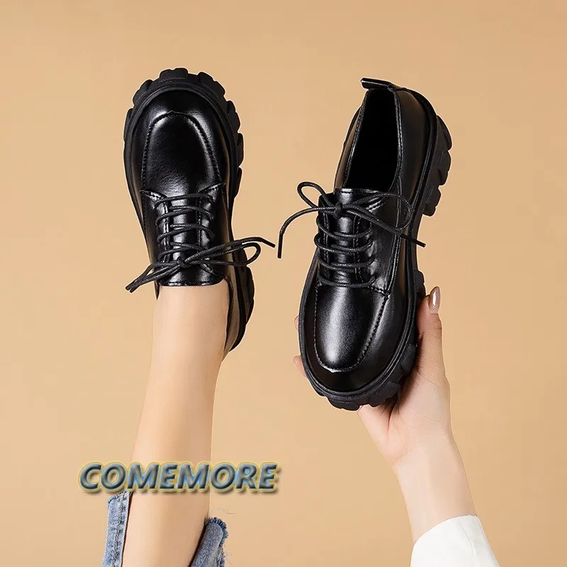 Leather Platform Oxford Shoes Woman\'s Spring Autumn Lace Up Black Flats for Women Classic Thick Bottom Student Shoes Large Size