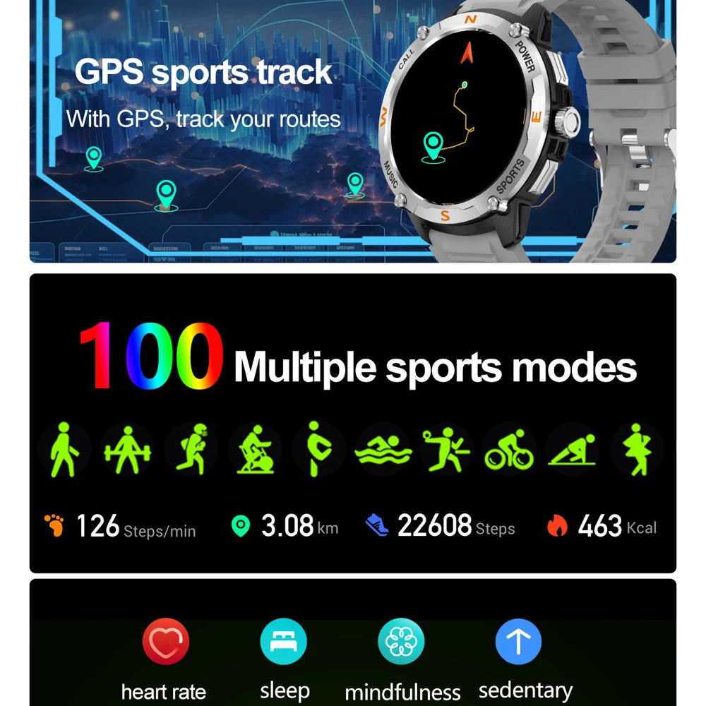 心拍数健康検出屋外 GPS スポーツスマートウォッチメンズ AMOLED スクリーンブルートゥース通話スポーツディープ防水スマートウォッチ
