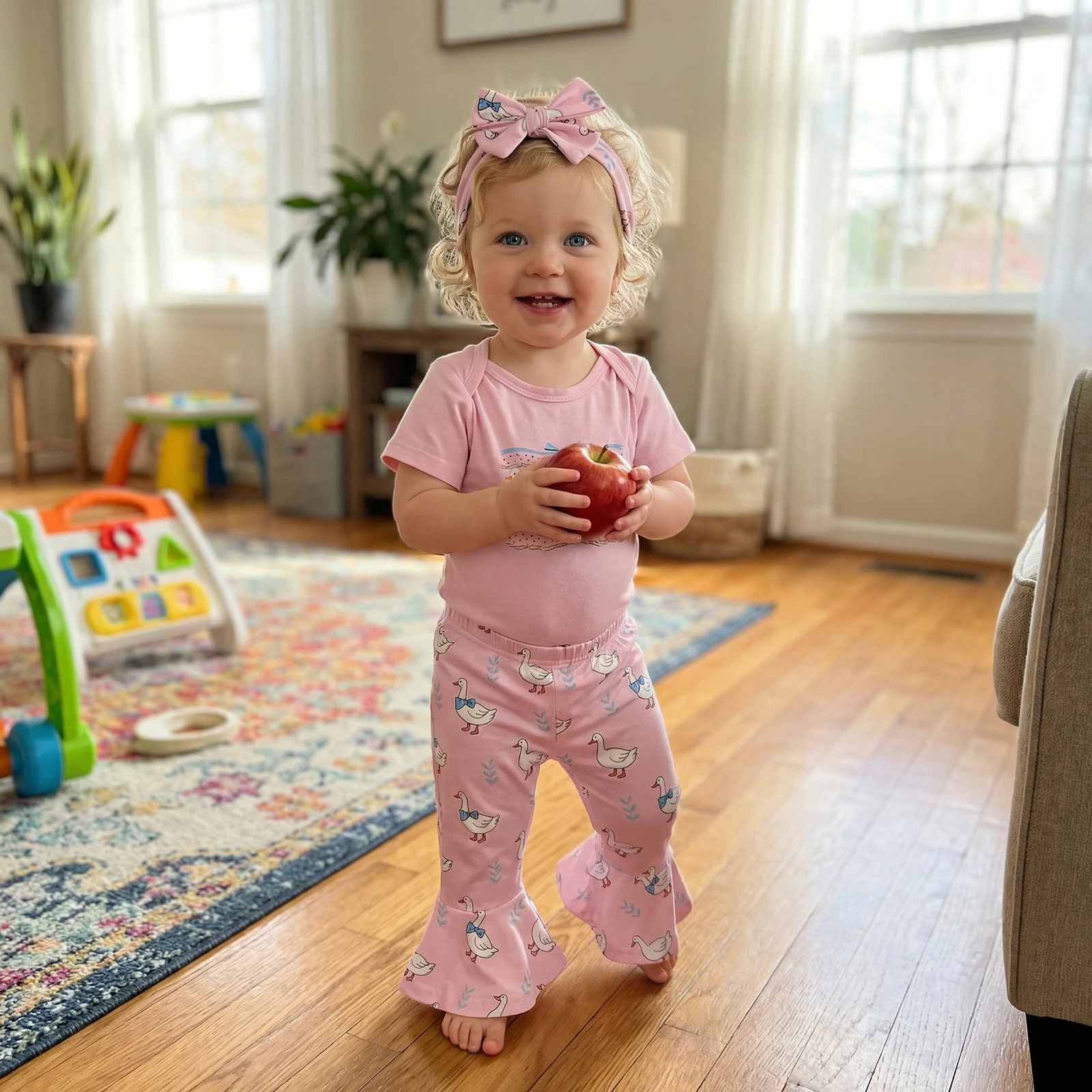 

Summer Infant Baby Girls Outfit Duck Print Short Sleeve Romper Flare Pants Headband Clothes