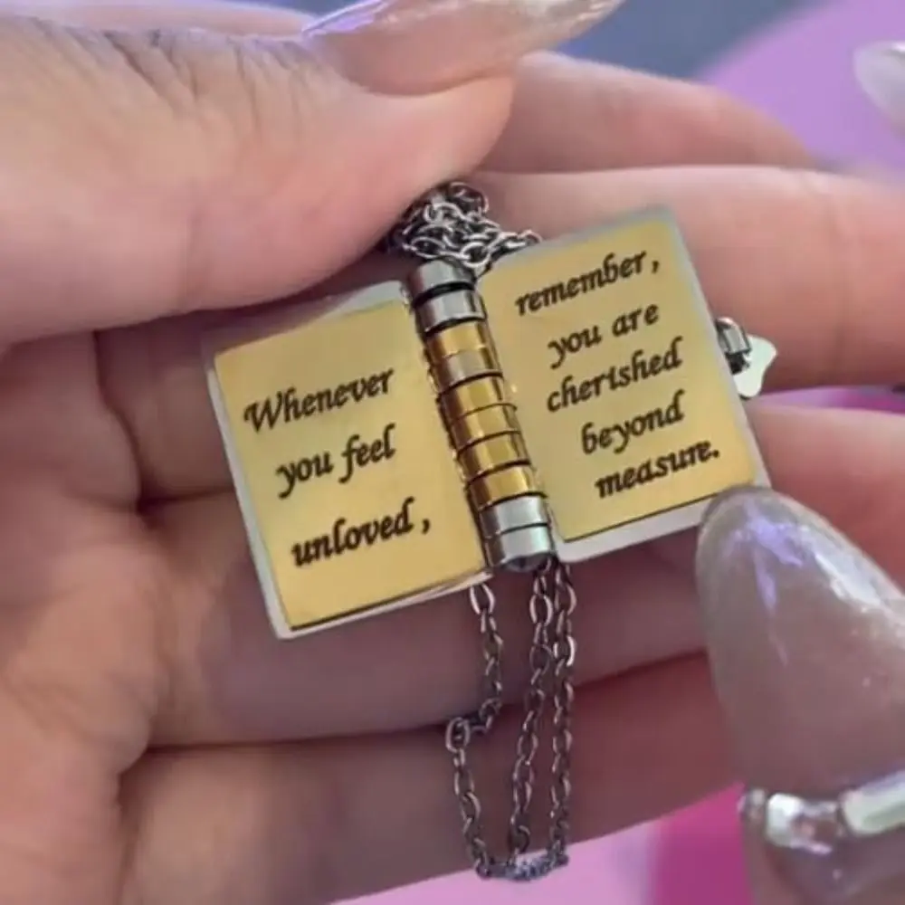 

Openable Daughter Book Necklace Stainless Steel Gold Color Message Mini Book Pendant Necklace with Pages of Engraved Information