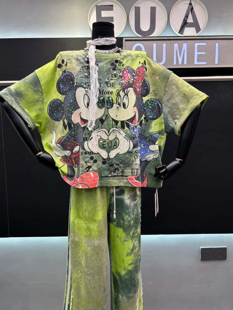 Heavy Industry Tie-dye Diamond Drills Cartoon T-shirt Fashion New Short-sleeved Tees Women's Loose Top T Shirts Kawaii Pullovers