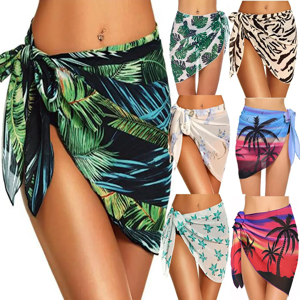 Conjunto de coberturas femininas envoltório de biquíni de verão, estampa sarongs curtos, saia curta de praia, lenço chiffon, capas para banho