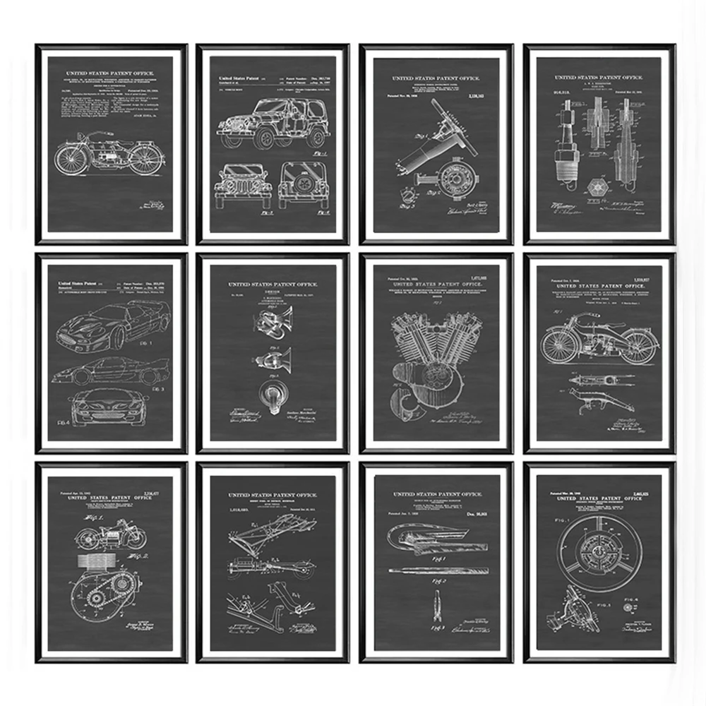 Vintage Car Motorcycle Patent Poster Canvas Painting Retro Mechanical Blueprint Wall Art Print Pictures Living Room Home Decor