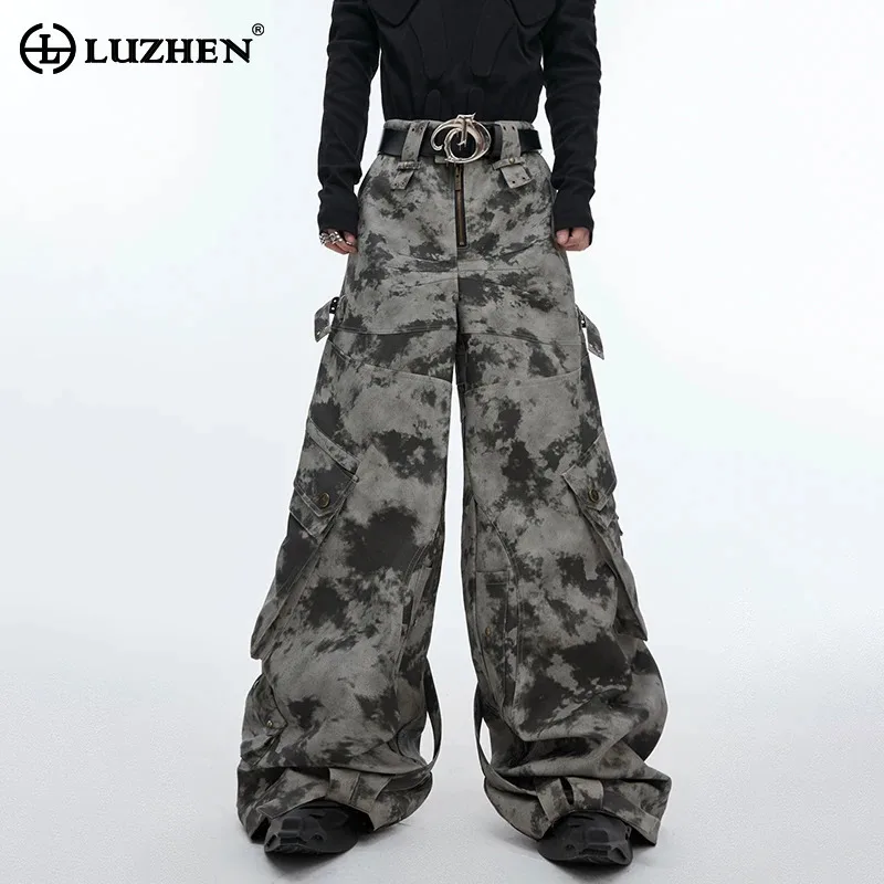 

LUZHEN Autumn New Tie Dyed Printed Design Trendy Faux Leather Pants Personalized Fashion Streetwear Men Straight Trousers LZ4726