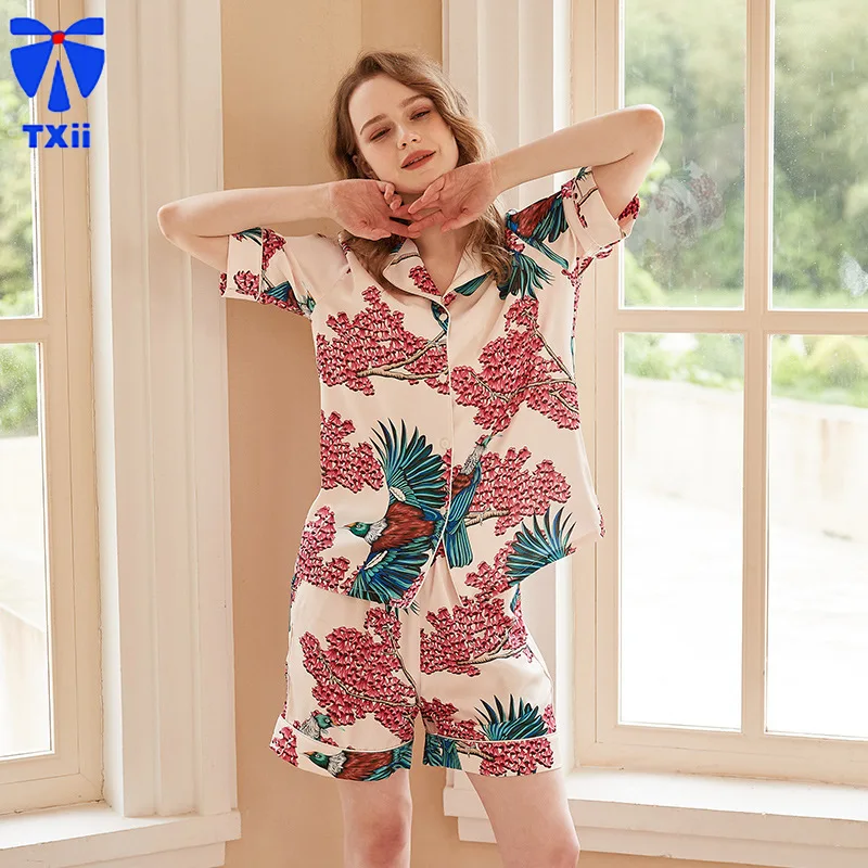 [Flowers and birds] New Pajamas Women's Summer Short-sleeved Shorts Ice Silk suit Sweet Cute Cartoon Home Clothes