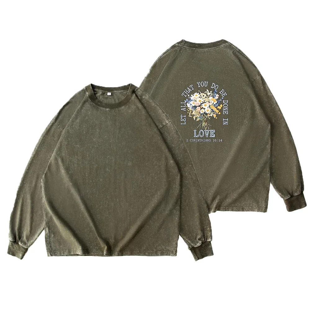 Unisex Vintage Washed Long Sleeve T Shirt 230G Heavyweight Wildflower Bouquet Graphic Tee Retro Oversized Casual Streetwear Tops