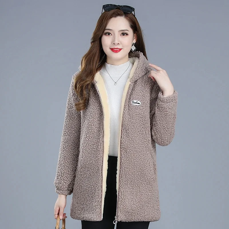 Lamb Wool Cotton Coat Jacket  Mid Length Winter Coat for Middle-aged and Elderly Women Thicken Warm Parka Coats Large Size