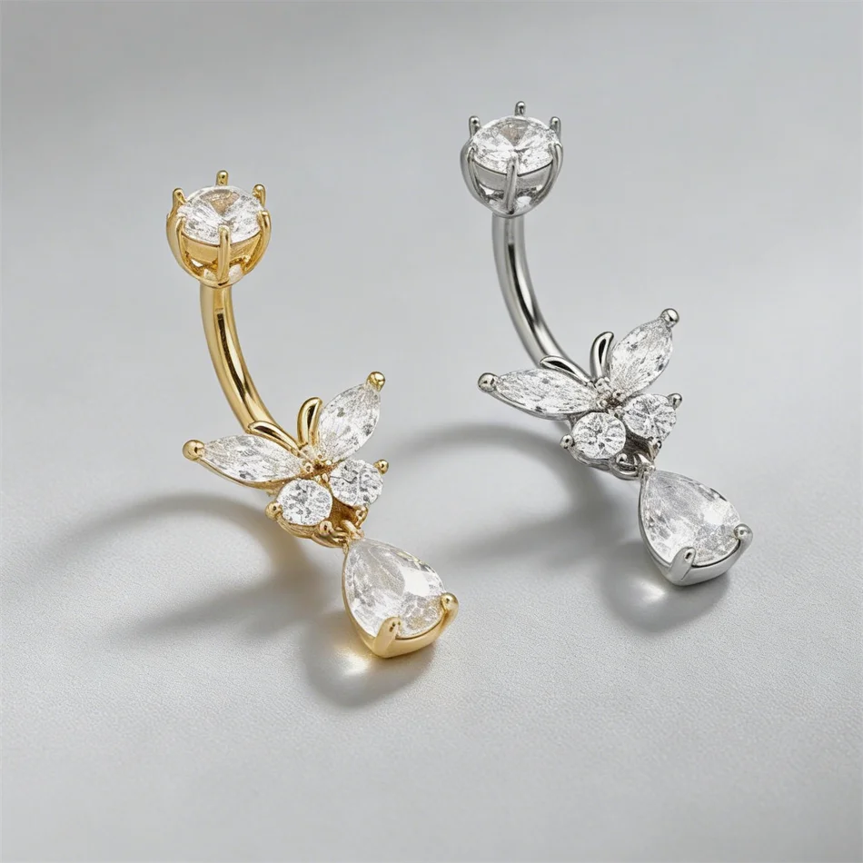 Crystal Butterfly Navel Rings Dangling Water Drop Zircon 14G Titanium Curved Barbell Navel Belly Button Piercing Women Jewelry view 2