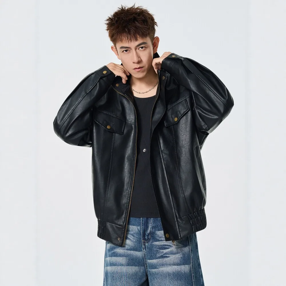 Black Solid Color Turn-down Collar Long Sleeve PU Leather Simple Basic Casual Loose Jackets Autumn New Fashion Loose Coats Male