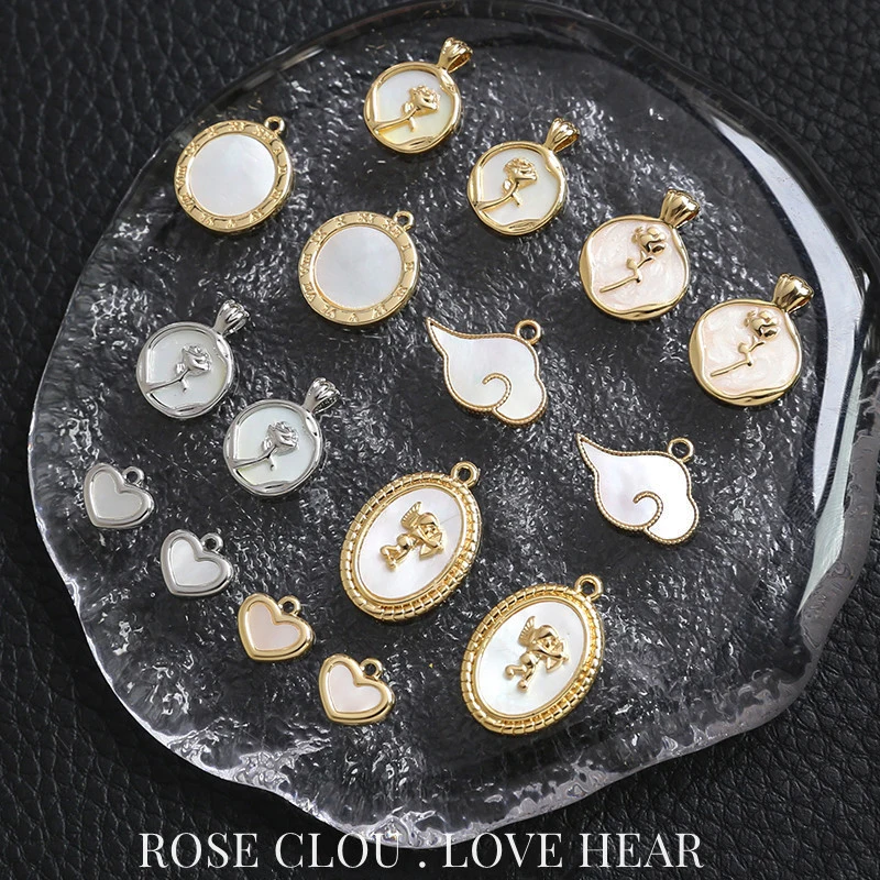 4pcs Copper Gold-plated Color Retention Natural Mother-of-pearl Rose Love Pendant DIY Handmade Jewelry Necklace Earrings Charms