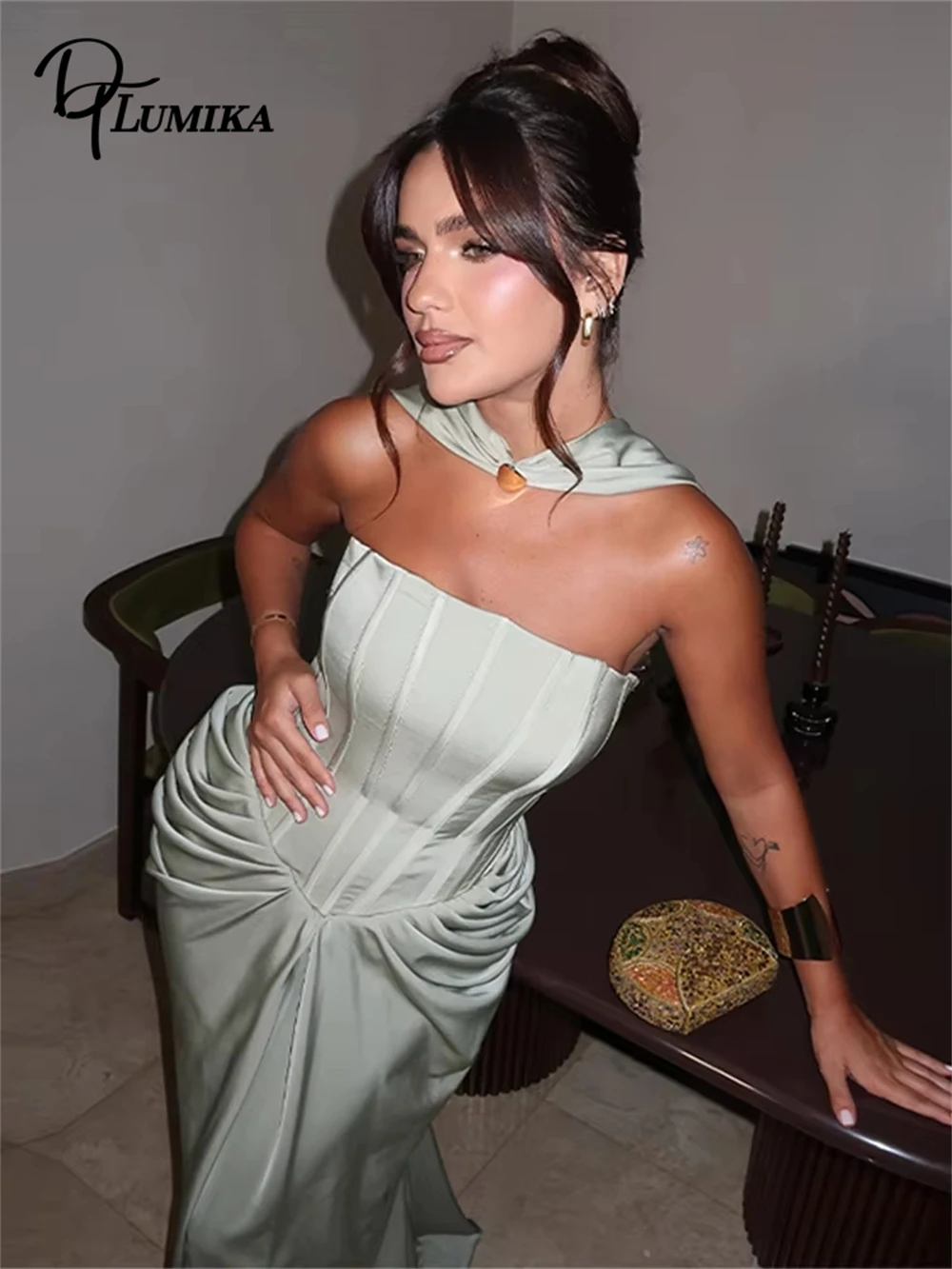 DTLumika Women's Long Satin Party Dress with Scarf Neck Strapless Corset Long Evening Dresses Bodycon Customized Cocktail Club
