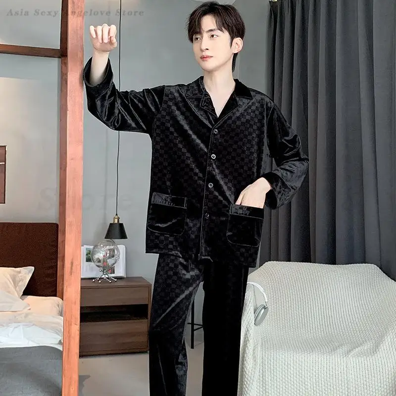 Men's Plus Size Pajamas Set Black Velvet Checkered Sleepwear Loose Casual Home Wear Spring Autumn Velour Loungewear Pijama Mujer
