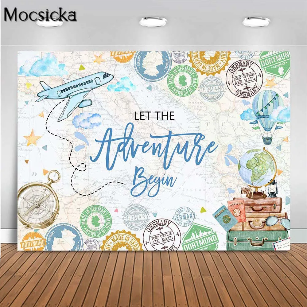 

Mocsicka Baby Shower Backdrop Let the Adventure Begin World Travel Airplane Boy 1st Birthday Party Decor Photo Background Banner