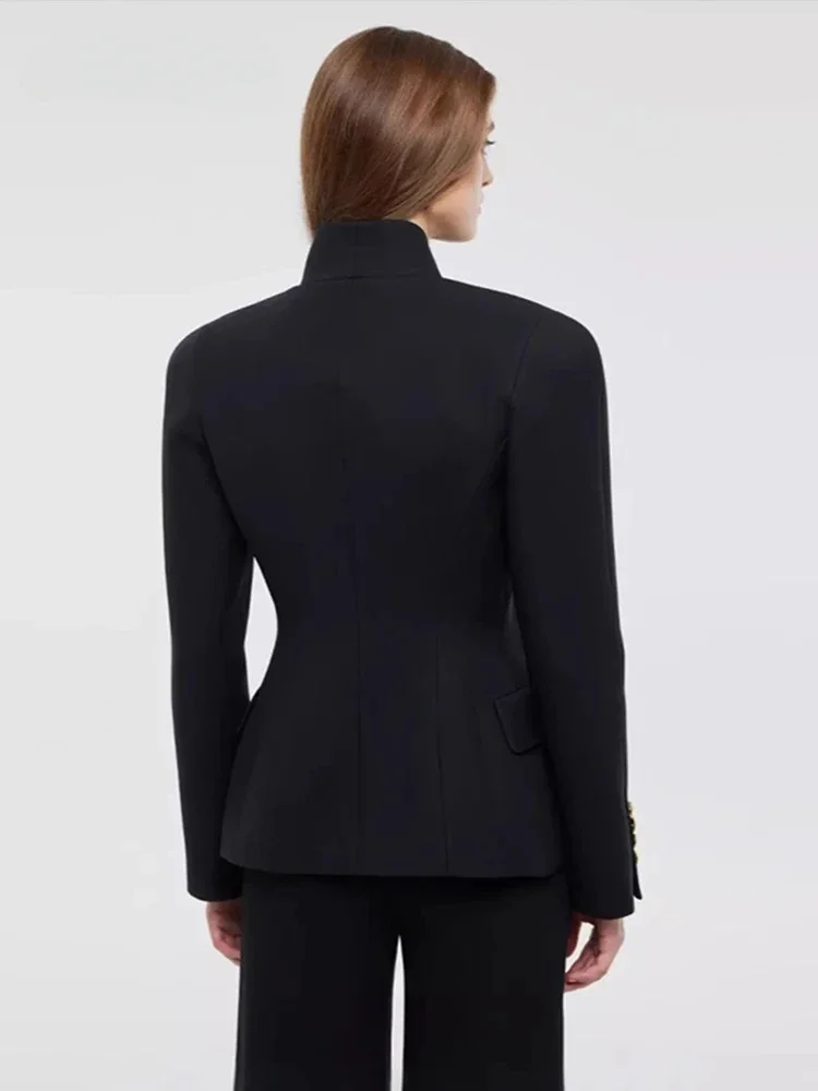 Women Metal Button Blazer Suit Slim V Neck Long Sleeve Fake Pocket Jacket Elegant Autumn Shoulder Pads Office Lady Outwear