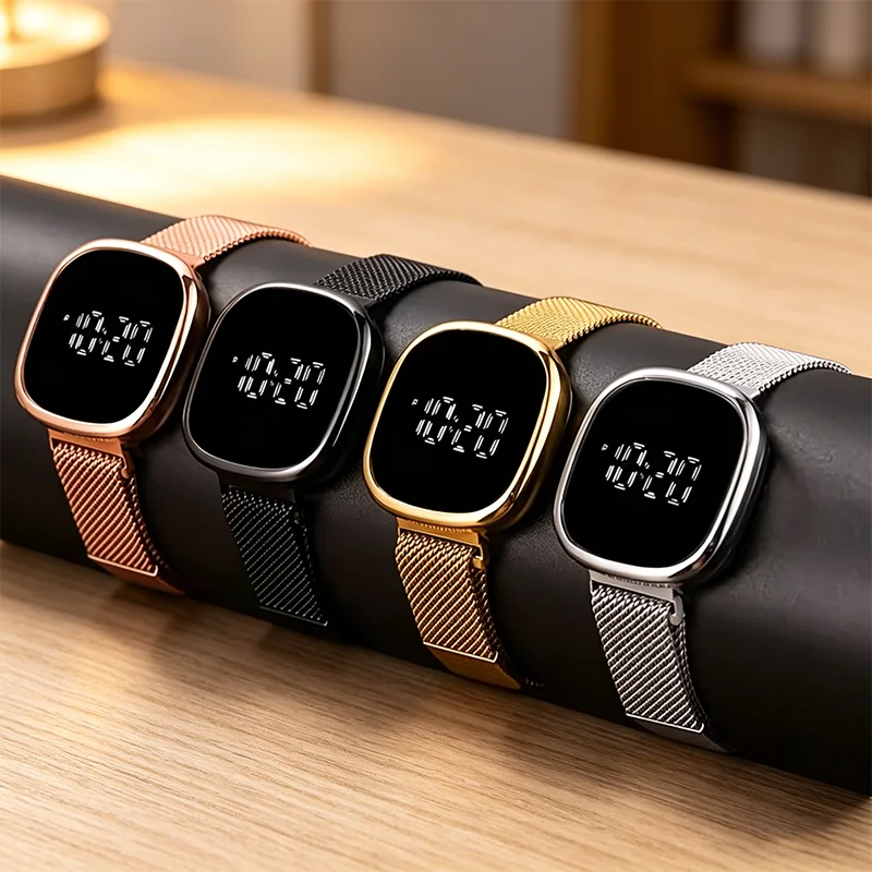 Fashion LED Electronic Watch, Slim Mesh Band Digital Wristwatch with Square Display