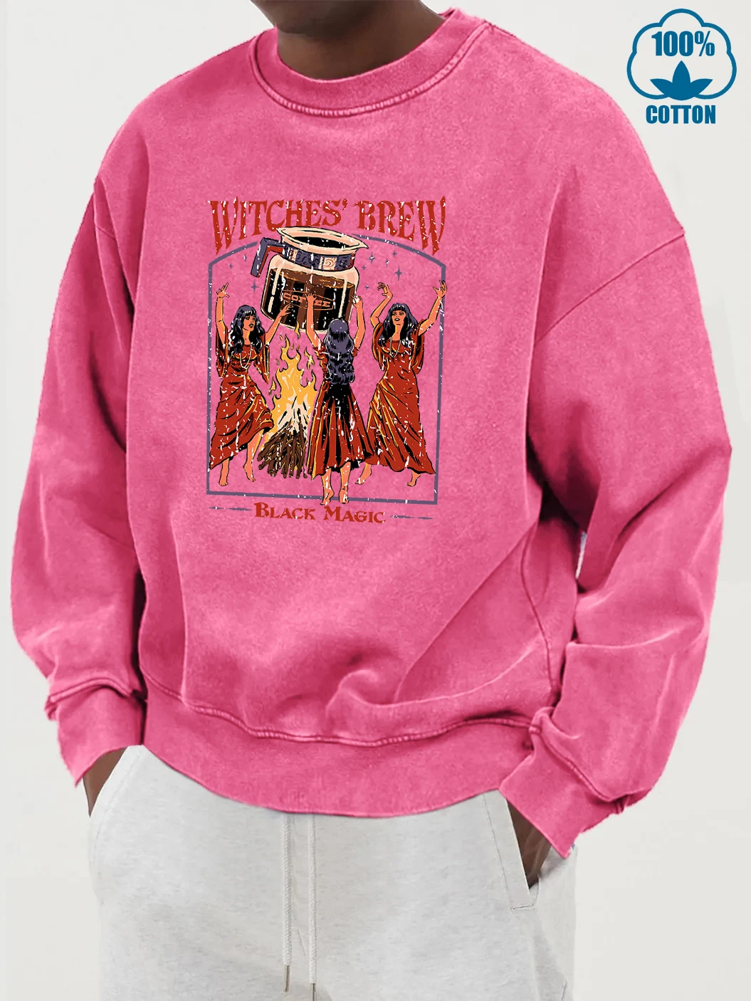 Witches Brew Black Magic Printed Mens Washed Cotton Streetwear Fashion Loose Sweatshirt Street Casual Hoody Autumn Crewneck Top